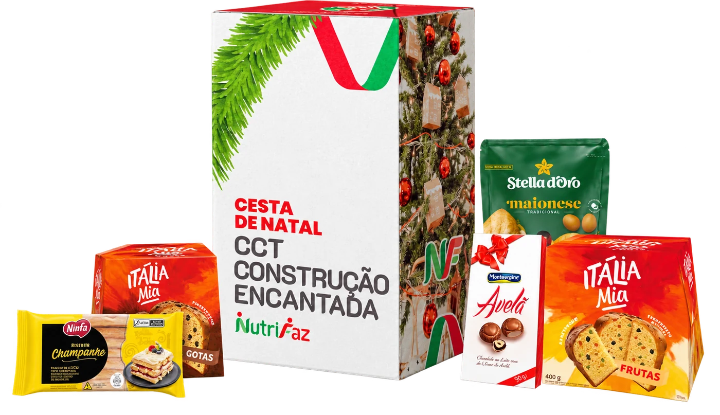 Cesta Construção Encantada: caixa de Natal e produtos à frente