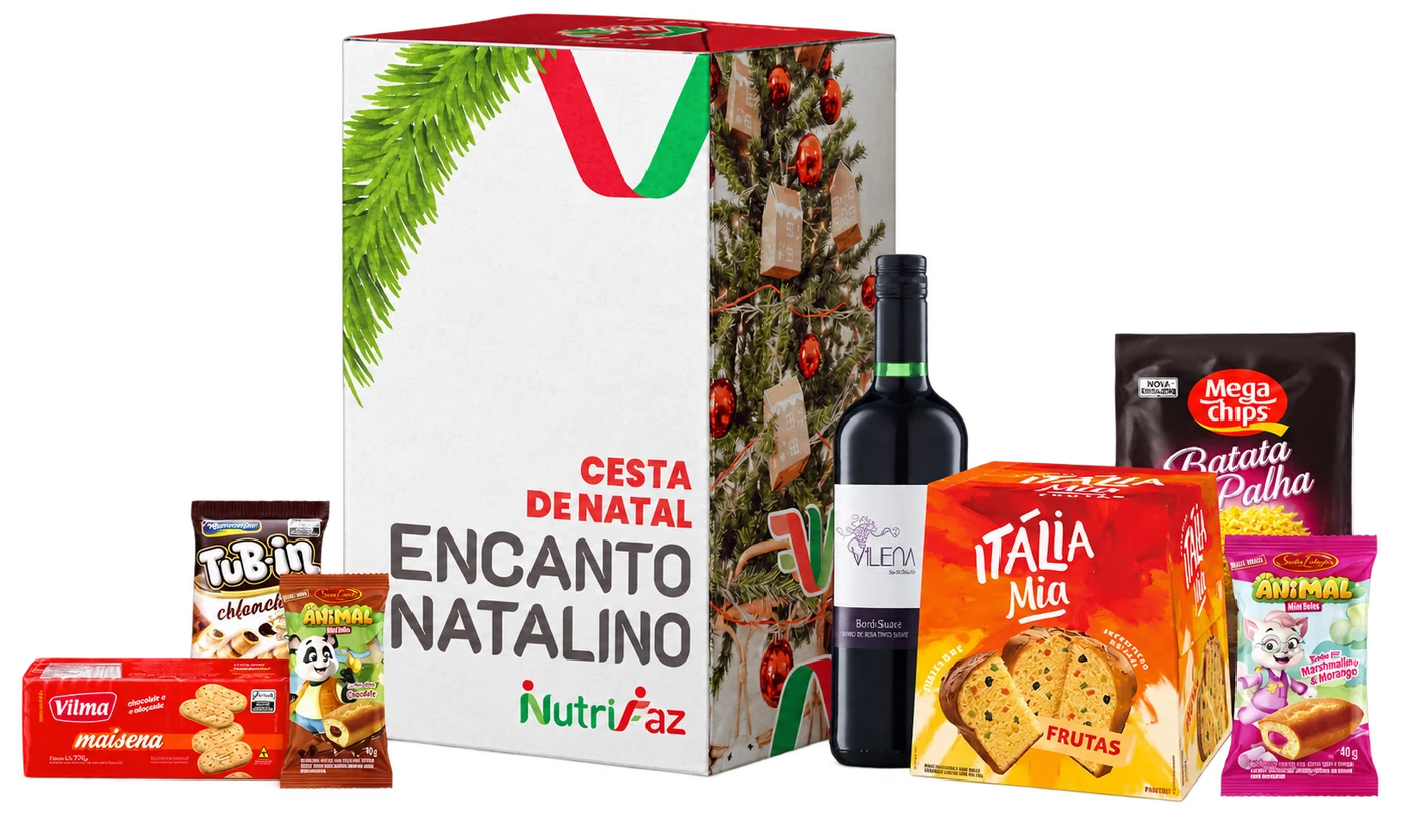 Cesta Encanto Natalino: caixa de Natal e produtos à frente