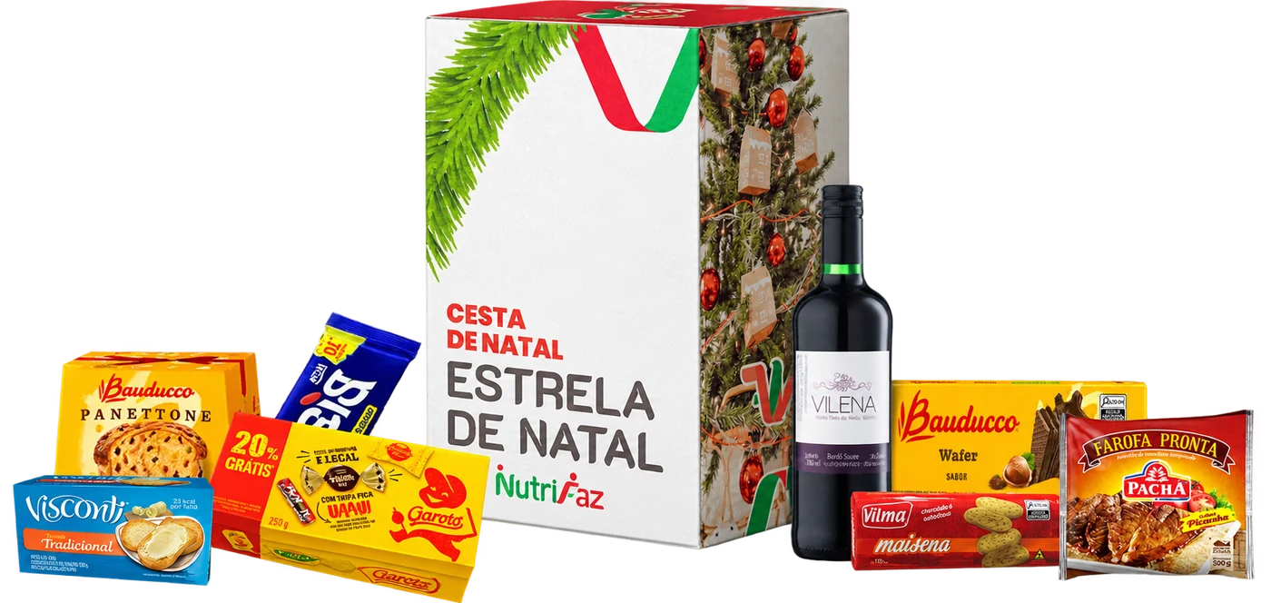 Cesta Estrela de Natal: caixa de Natal e produtos à frente
