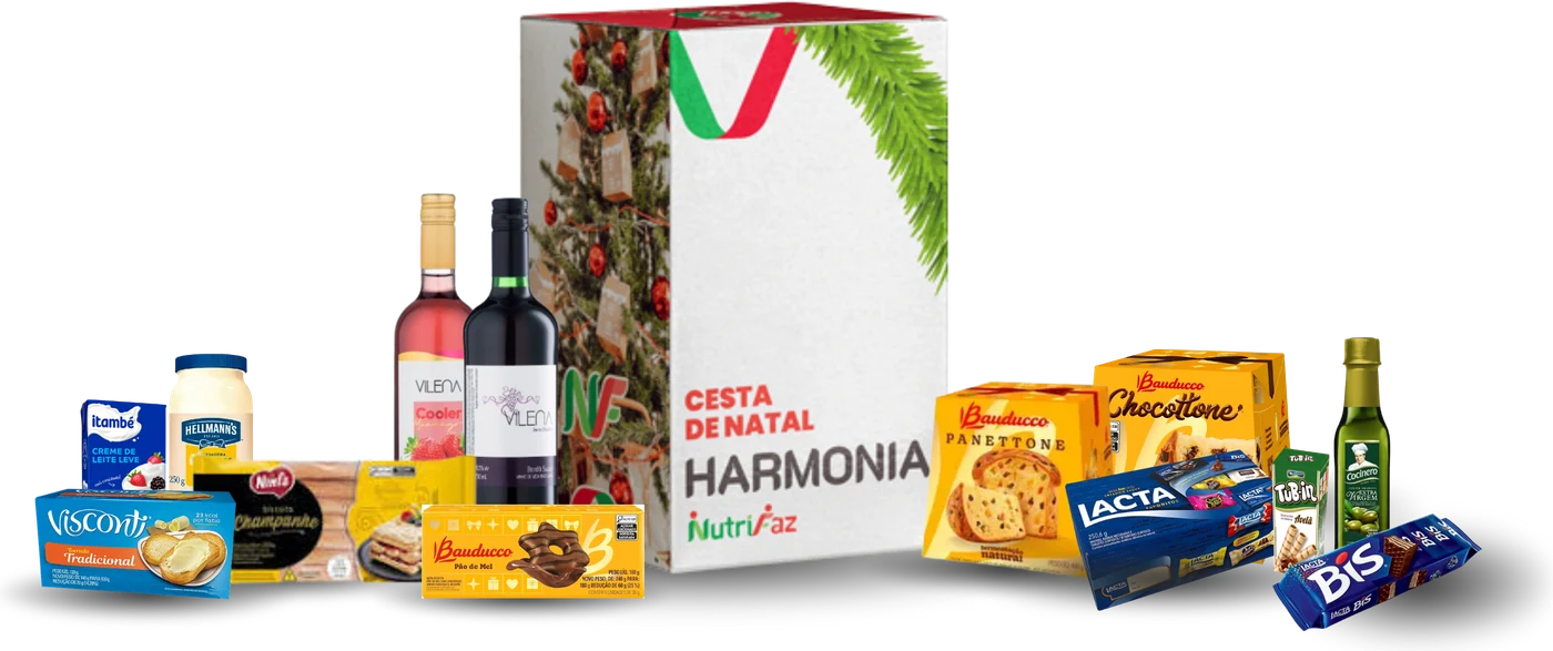Cesta Harmonia: caixa de Natal e produtos à frente
