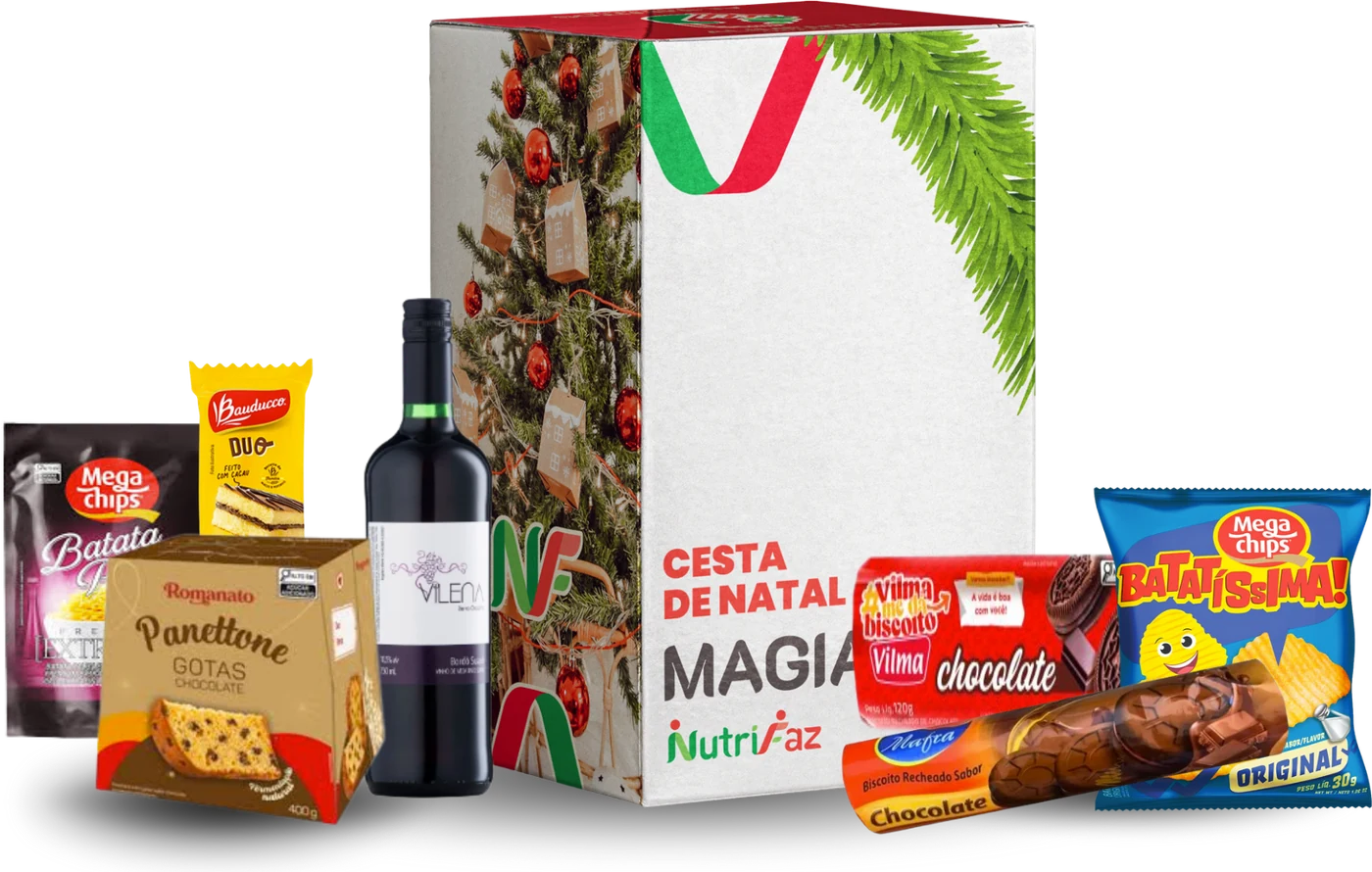 Cesta Magia: caixa de Natal e produtos à frente