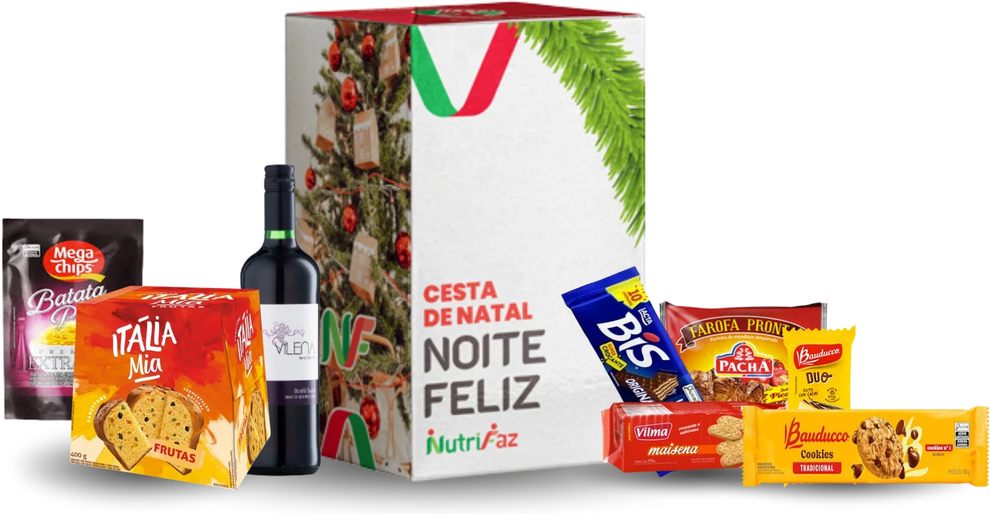 Cesta Noite Feliz: caixa de Natal e produtos à frente